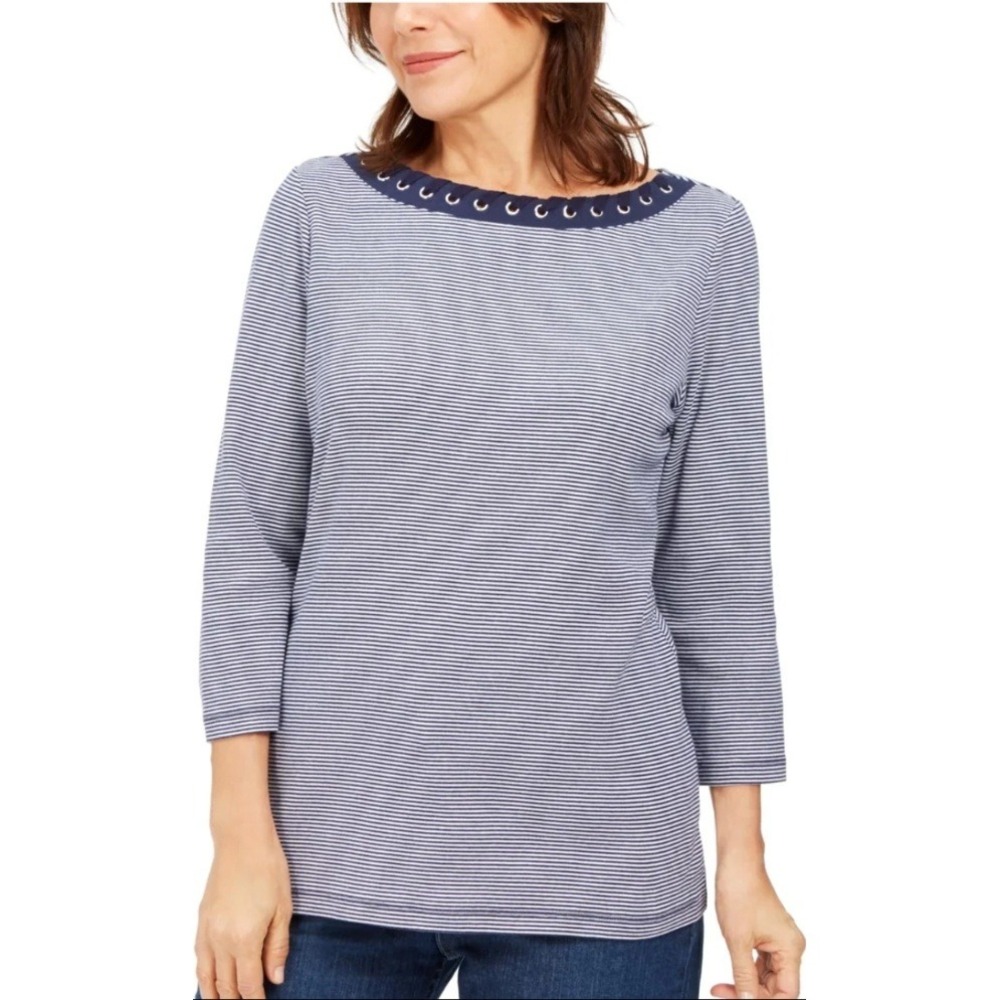 Karen Scott Striped Boat Neck 3/4 Sleeve Top Lace Up Detail‎ XS NWT